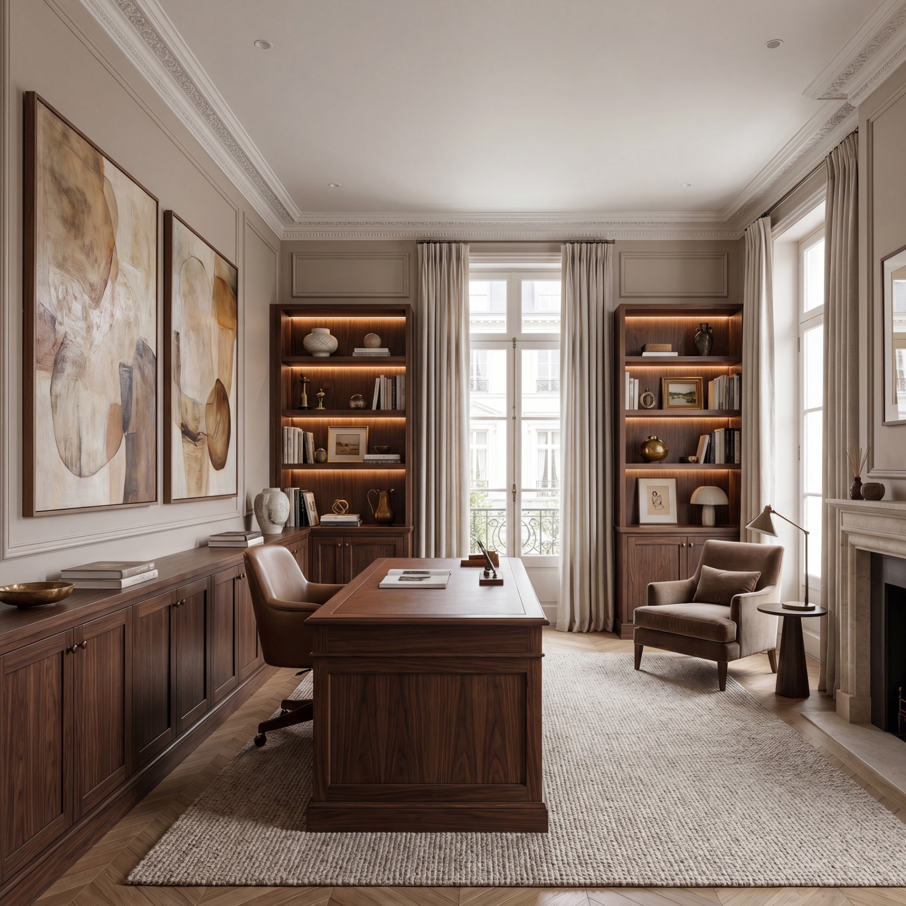 Classical home office with walnut joinery, panelled walls and french doors to balcony