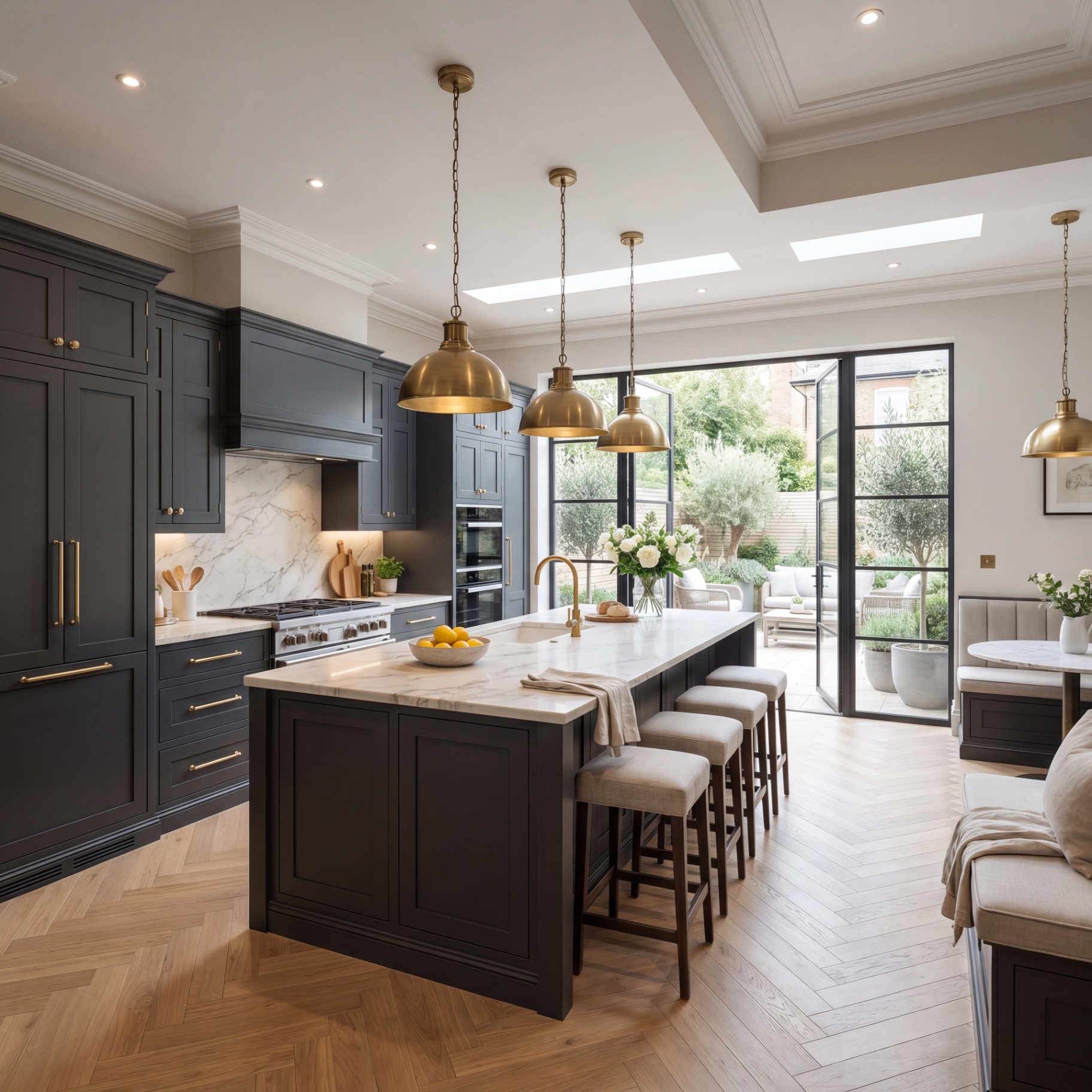 Open-plan kitchen with dark cabinetry, marble island and crittall doors to garden