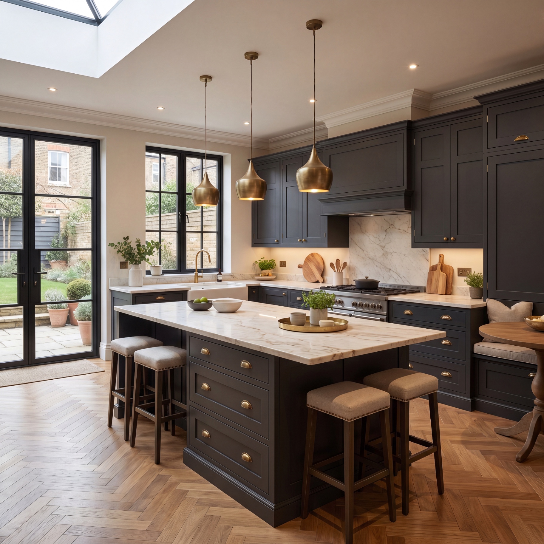 Shaker kitchen with charcoal cabinetry, marble island and brass pendants under skylight