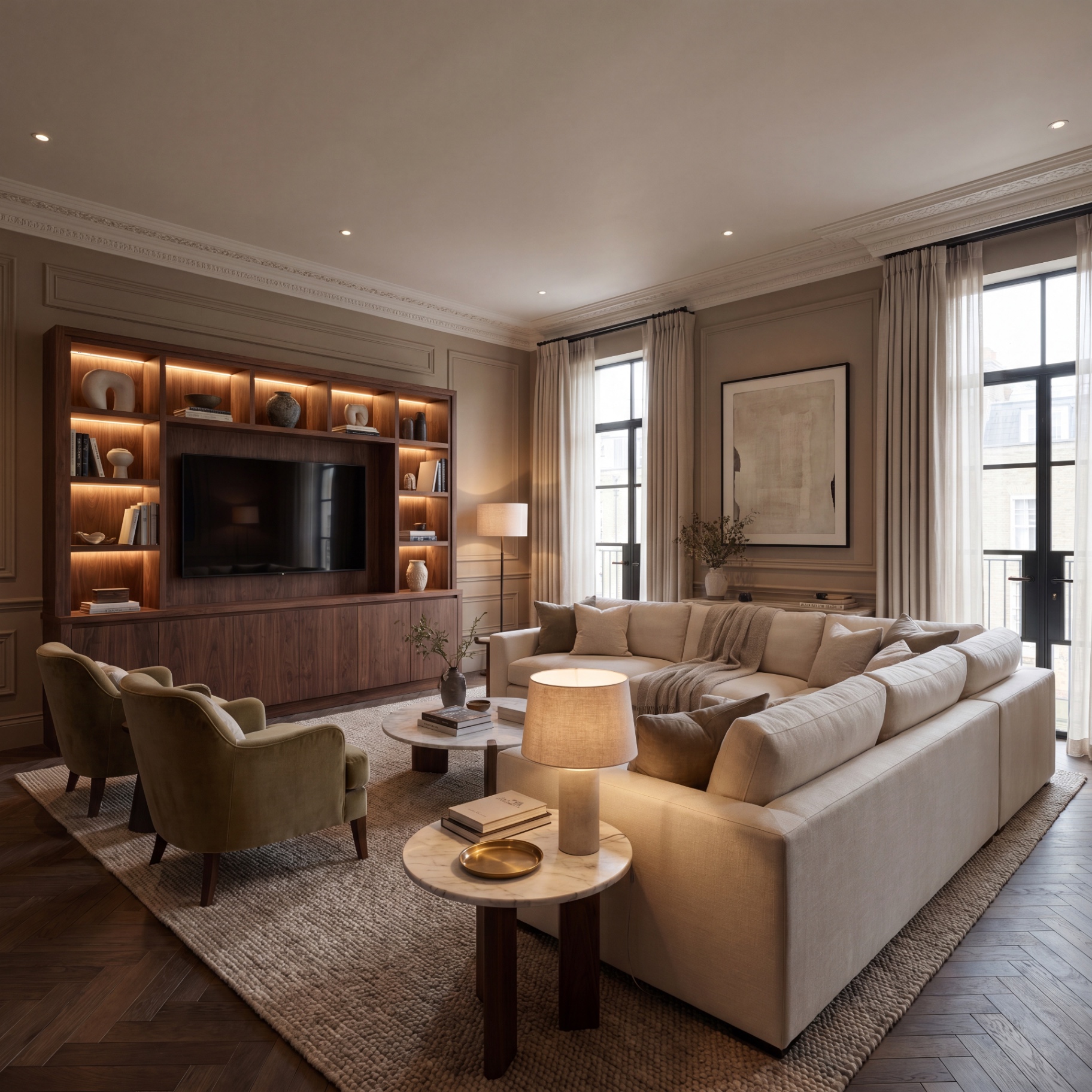 Family room with walnut joinery, sectional sofa and crittall doors