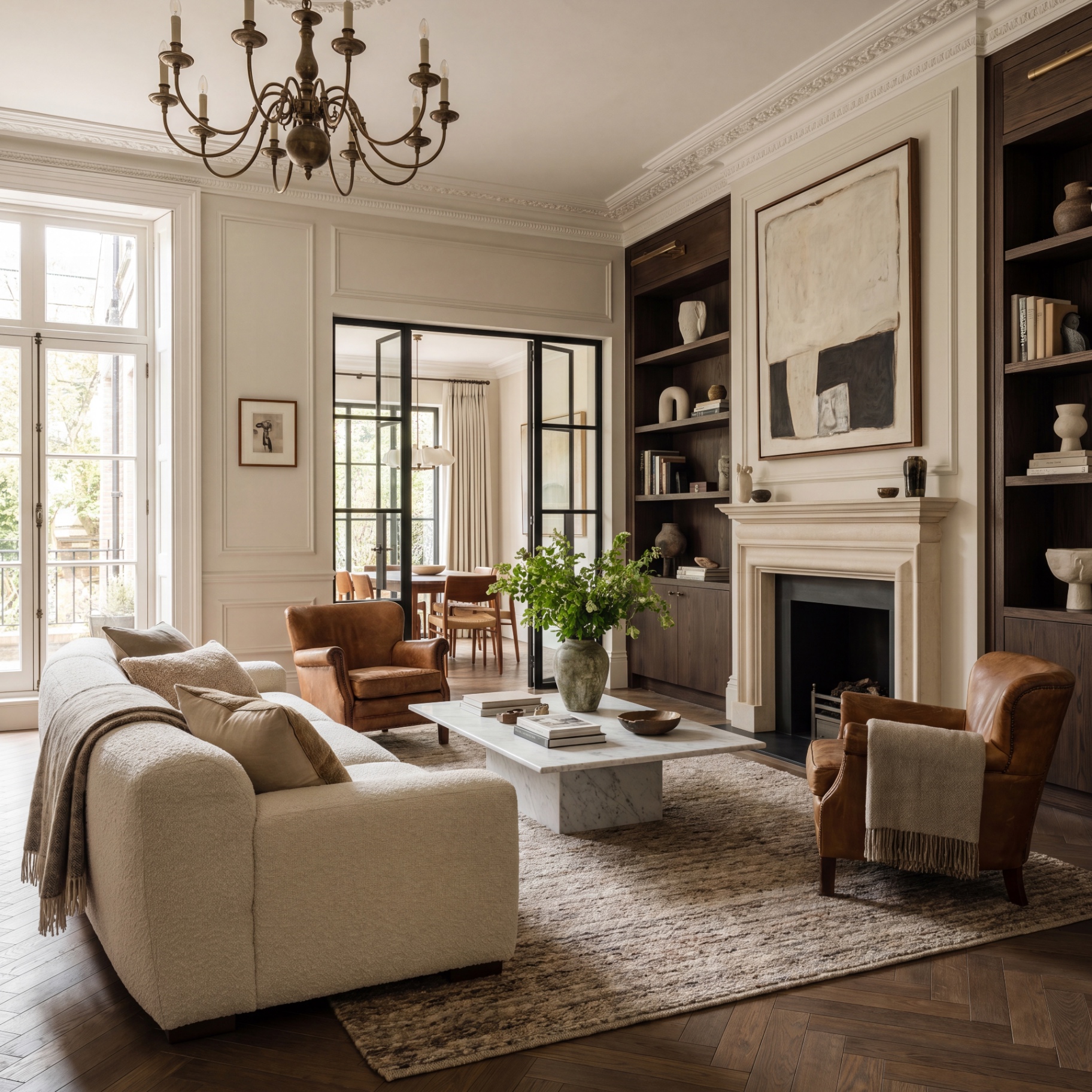 Bouclé sofa, leather club chairs and stone fireplace with crittall doors to dining room