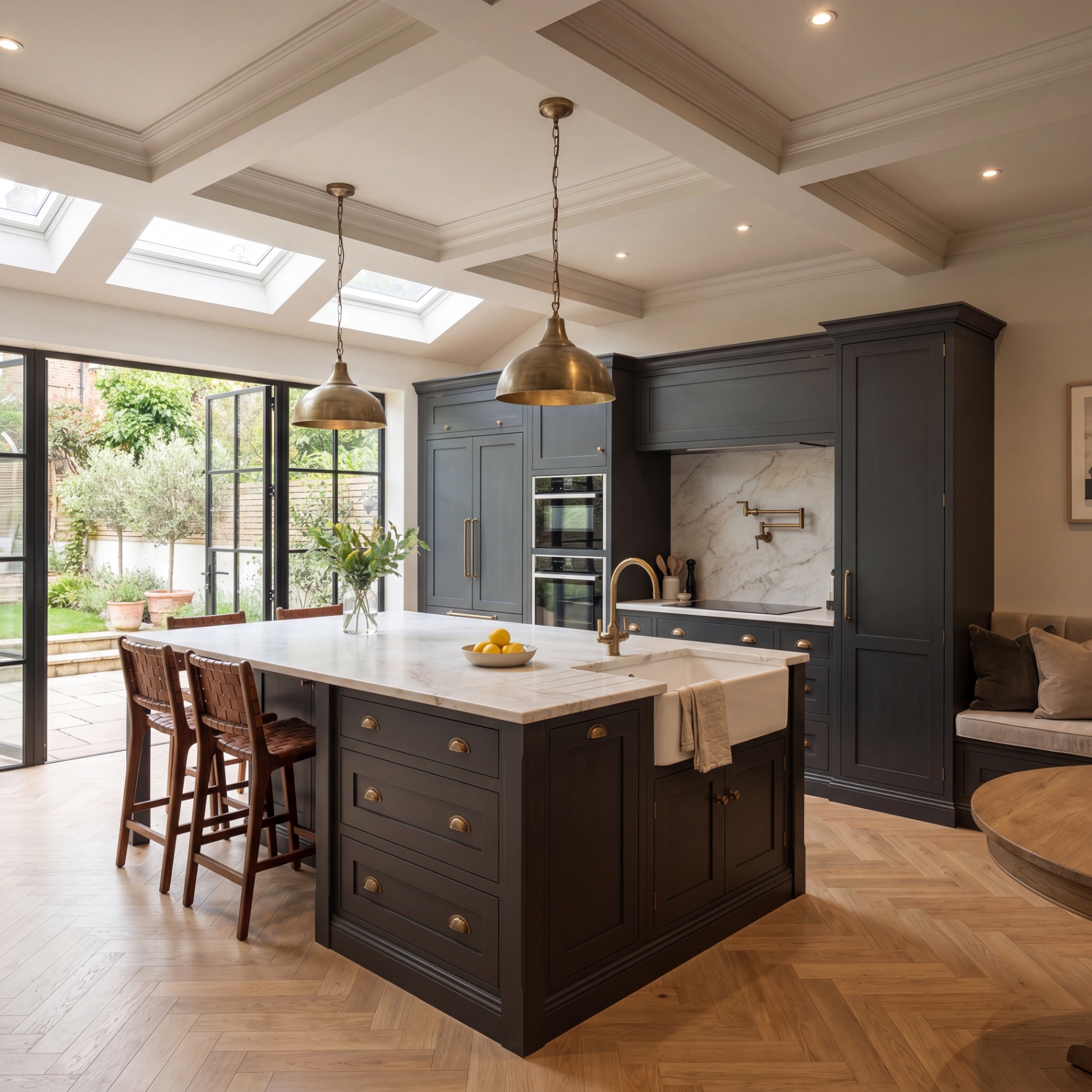 Charcoal shaker kitchen with marble island, brass pendants and coffered ceiling