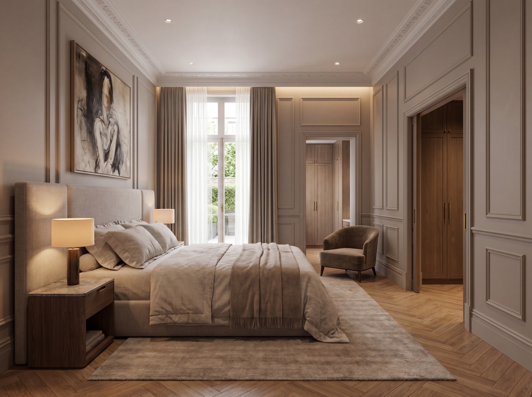 Principal bedroom with upholstered headboard, panelled walls and dressing room beyond