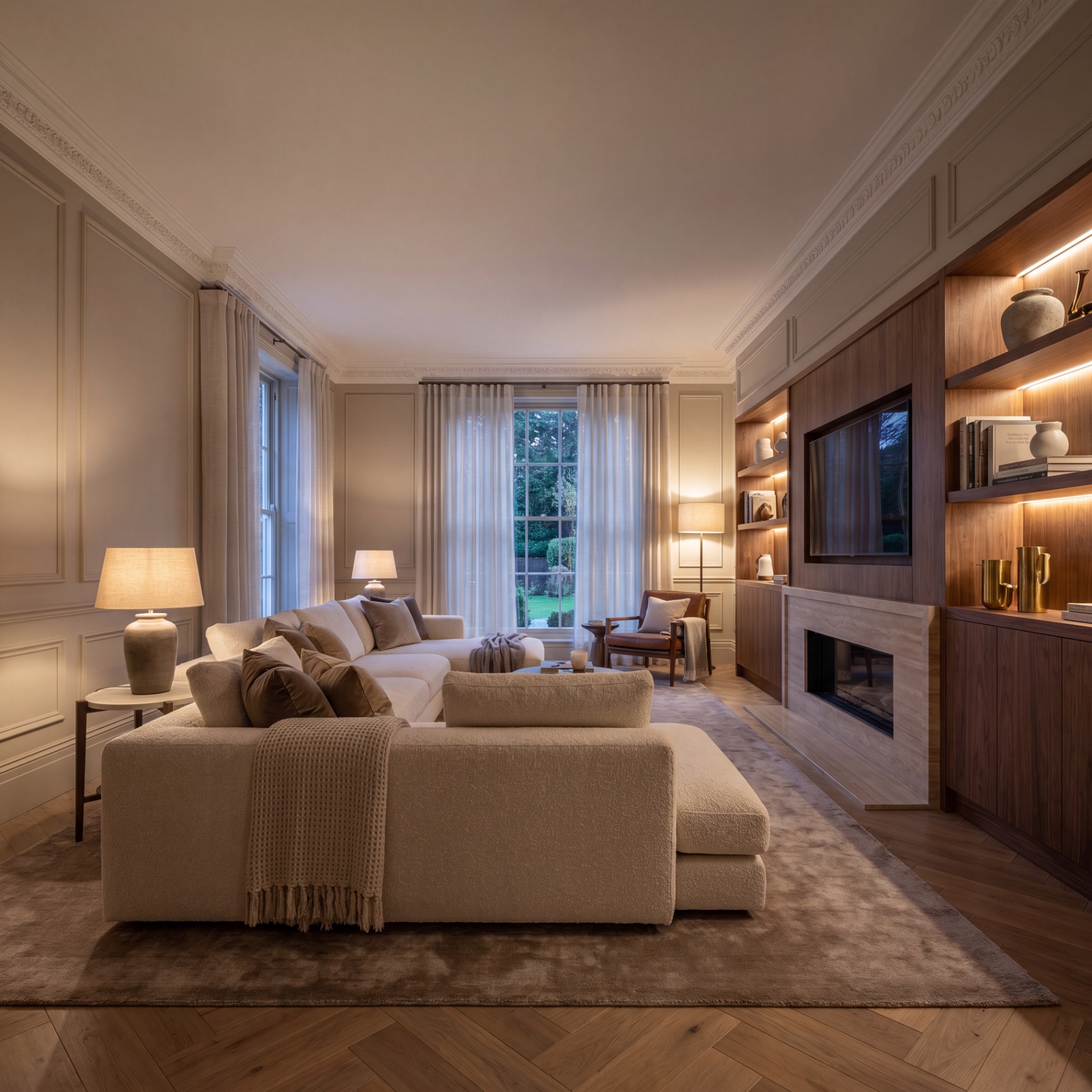 Panelled living room with walnut media wall, fireplace and bouclé sectional