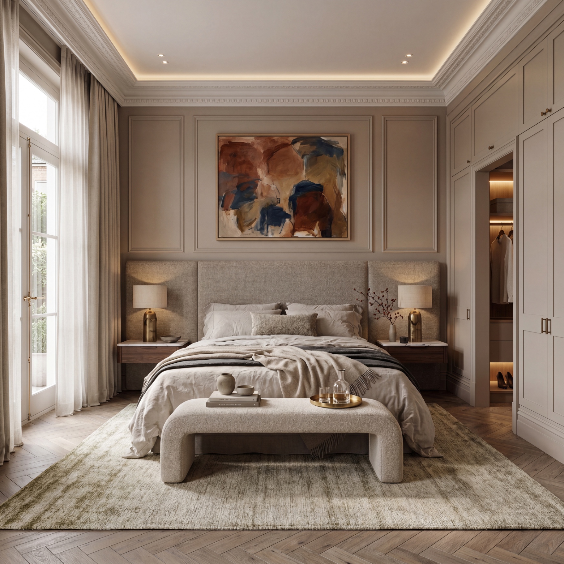 Bedroom with cove-lit ceiling, panelled walls and abstract artwork above upholstered bed