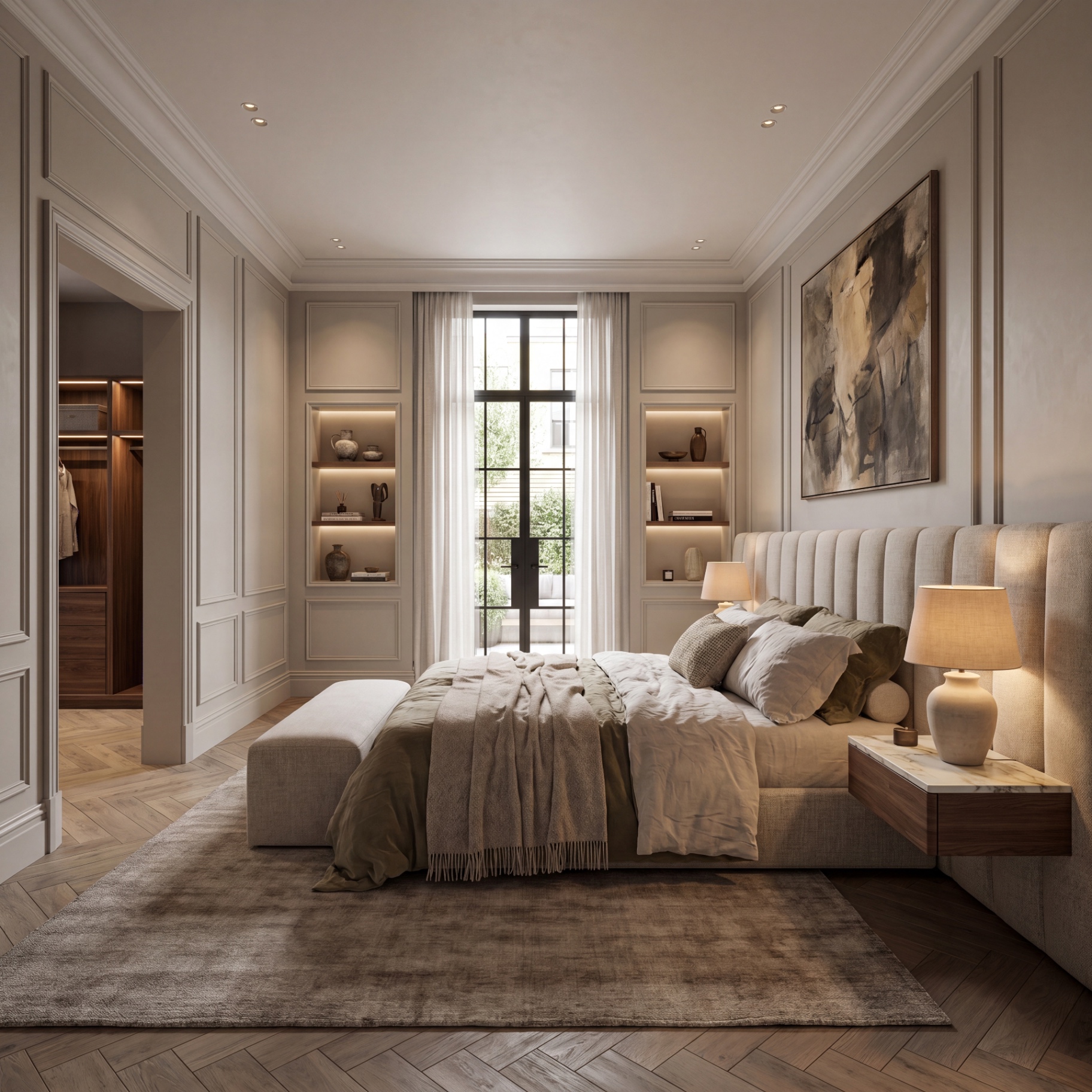 Principal bedroom with panel mouldings, crittall doors and channel-tufted headboard