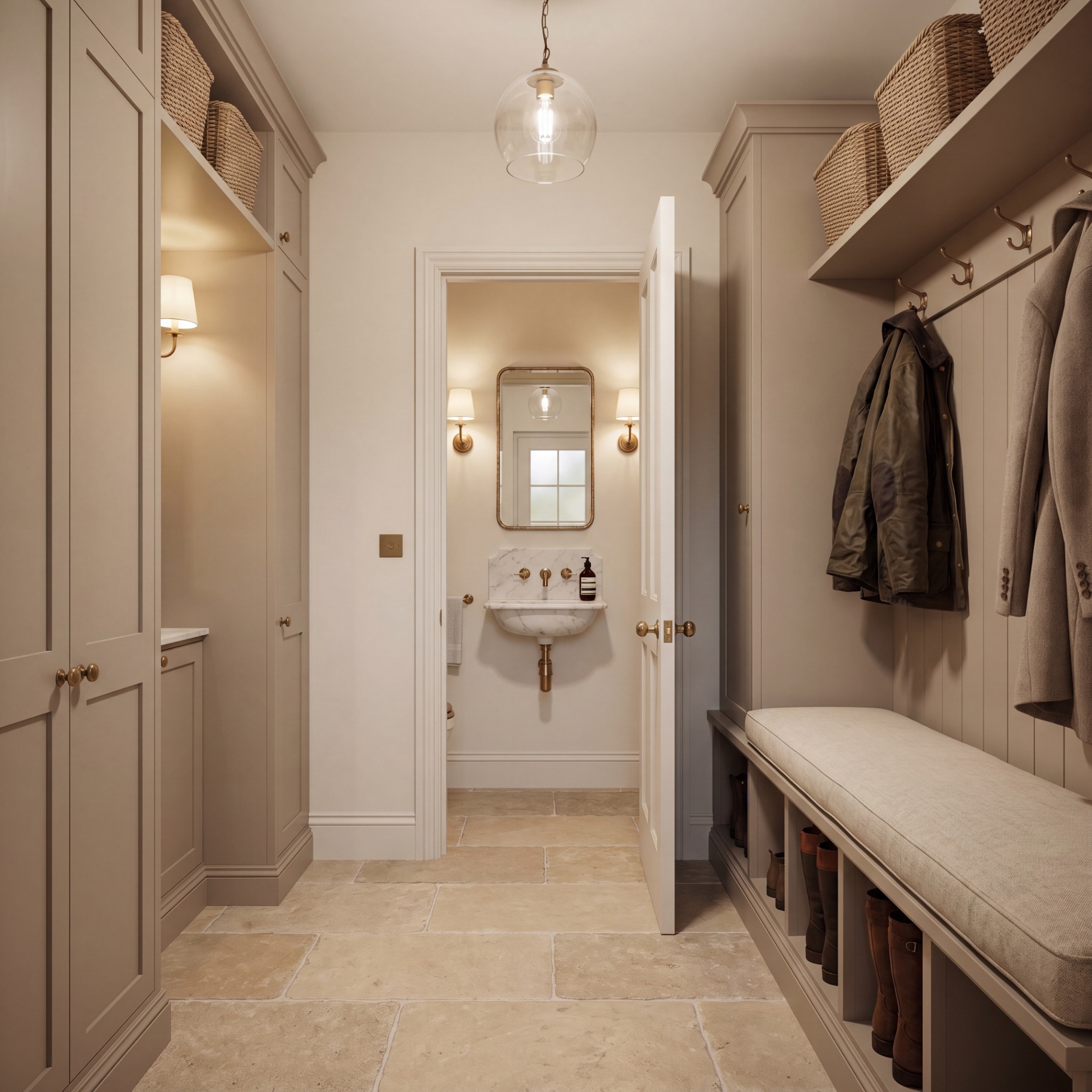 Soft stone boot room with shaker joinery, marble cloakroom and glass pendant