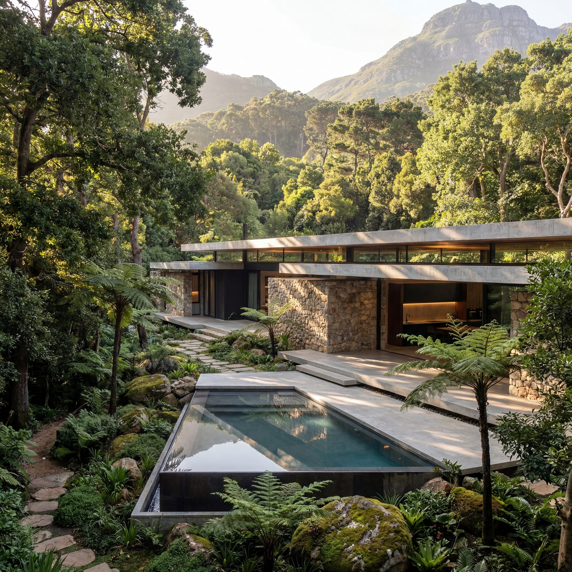 Cinematic architectural exterior in Cape Town light — restrained materiality, founder-led practice