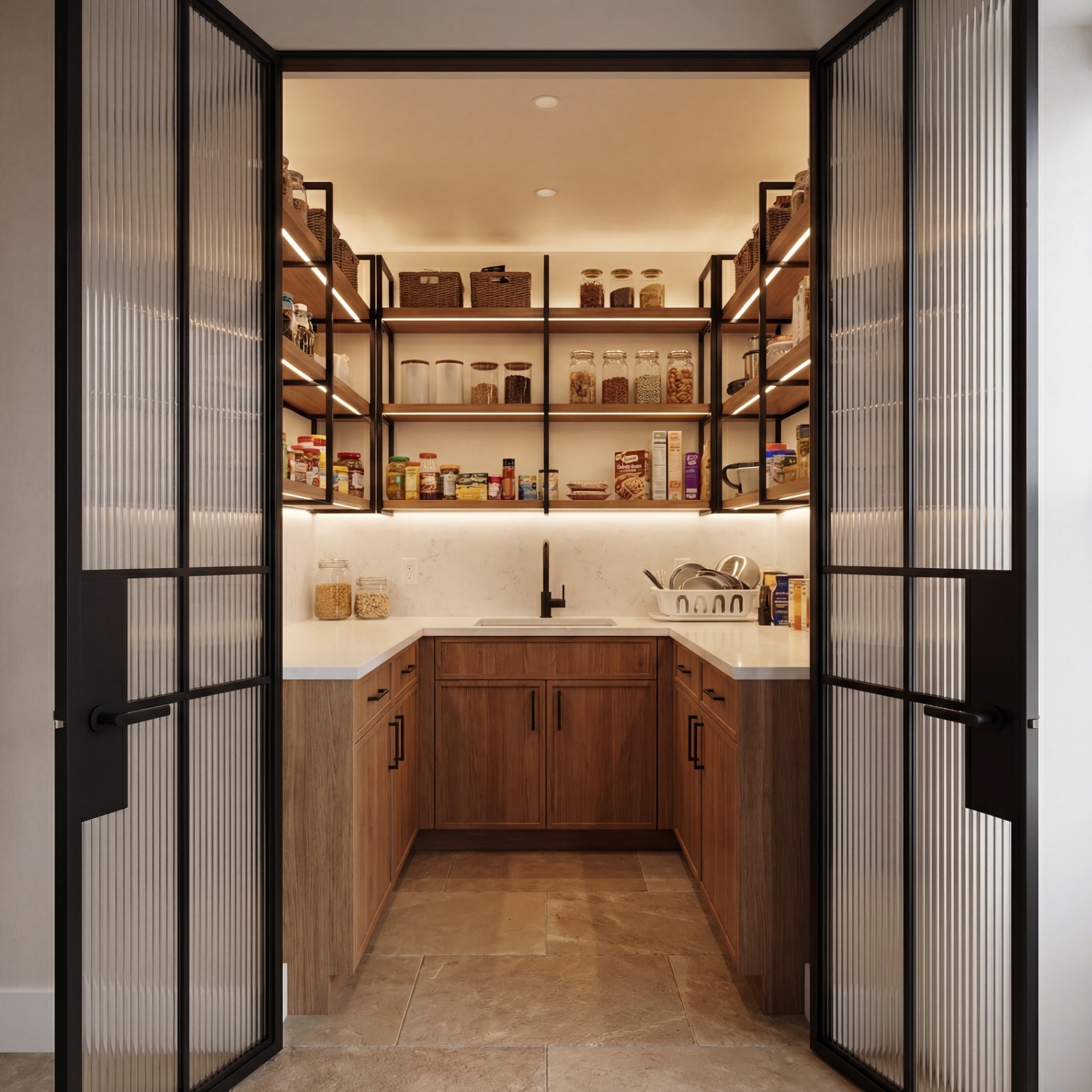 Walk-in pantry with crittall glazed doors, walnut shelving and integrated lighting