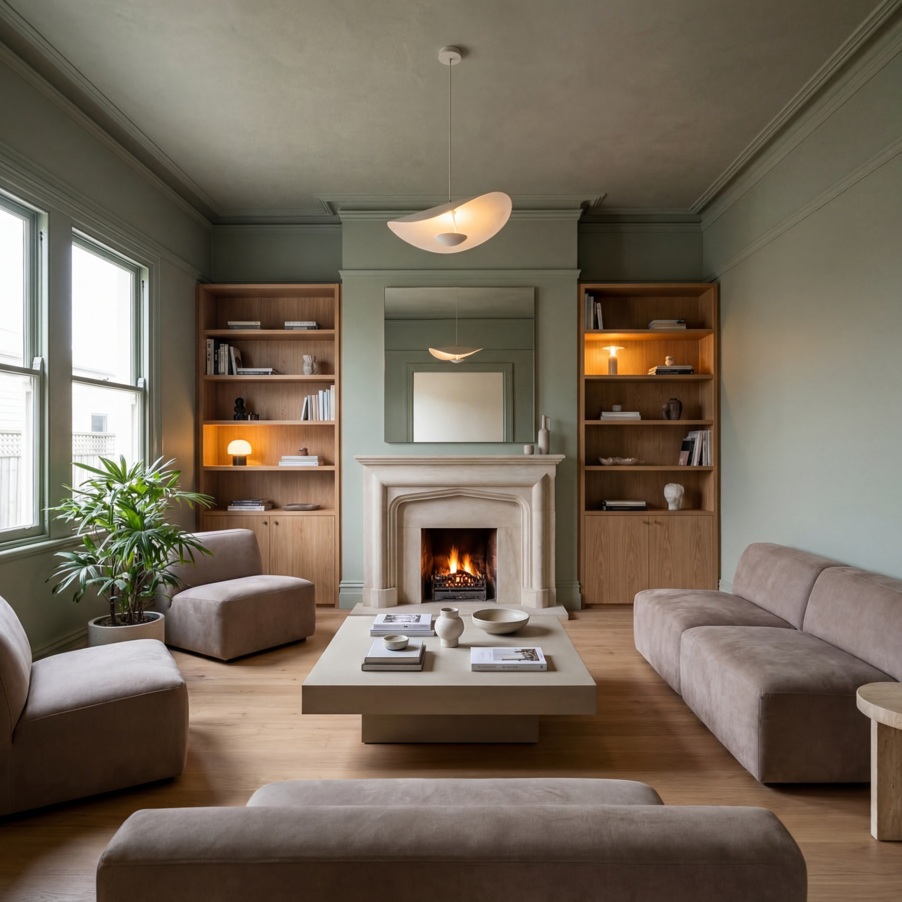 Period reception room with sage walls, oak joinery and stone fireplace